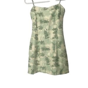 Green Cream Slip Dress – Spaghetti Strap Vintage Scenic Toile Print Sundress